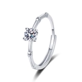 Bamboo style adjustable silver ring featuring a sparkling moissanite solitaire stone - Adjustable Open / White Gold