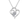 Silver double heart pendant necklace with sparkling center stone and pavé accents - White Gold Color (XL0078)