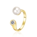 Adjustable gold open ring with large white pearl and sparkling round-cut gemstone - Adjustable Open / Gold