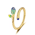 Verstellbarer goldener Blattring mit blau-grünem Emaille-Blütenknospen-Detail - Einstellbar Offen / Gold