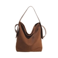 Minimalist caramel brown bucket bag in matte leather finish with visible stitching - Large / Brown