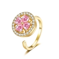 Golden clover ring with pink heart zircon and rotating adjustable band for anxiety - Gold-Pink Zircon