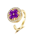 Adjustable gold clover ring with purple heart stones and sparkling zircon halo - Gold-Purple Zirconia