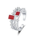 Three-layer silver open ring with red enamel squares and sparkling white cubic zirconia - Adjustable Open / White Gold Plated Red
