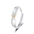 Zilveren infinity hartring met gouden accent en pavé kristallen in een hoek van 45 graden - Ring