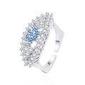 Anello regolabile in argento con gemma azzurra e grappolo di zirconi a forma di fiore - Aperto Regolabile / Color Platino con Diamante Blu