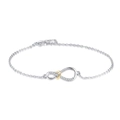 Zilveren infinity armband met klein gouden hartje en fonkelende zirkonia steentjes - Armband