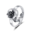Anello regolabile vintage in argento tailandese con design a rosa e foglie di vite - Aperto Regolabile / Stile foglia di rosa singola (KL-055)