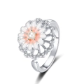Anello regolabile a margherita con petali rosa e bianchi, perla centrale e zirconi luminosi - Aperto Regolabile / Oro Bianco - Stile Halo in Zirconia (KL-088)