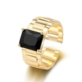 Vintage Goldring mit rechteckigem schwarzem Zirkon und Uhrenarmband-Kettenglied-Struktur - Einstellbar Offen / Gold