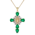 Gold cross necklace featuring green pear-shaped gemstones and a Virgin Mary center relief - Gold Tone - Green Zircon