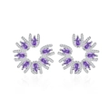 Elegant silver flower stud earrings with purple pear-cut gemstones and micro-diamonds - Purple Zirconia