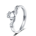 Silver Claddagh ring featuring two hands holding a heart with crown and adjustable open band - Adjustable Open / White Gold