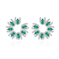 Sparkling silver half-hoop flower earrings with green pear-cut stones and diamonds - Green Zircon