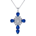Collana a croce argento con rilievo della Vergine Maria e zirconi blu scuro - Argento-Zircone Blu