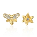 Asymmetric gold earrings featuring a crystal honeybee and sunflower on white background - Golden Color (5691895041611) / Gold