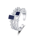 Three-layer silver open ring with square blue enamel accents and sparkling cubic zirconia - Adjustable Open / Platinum-Blue