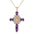 Collana a croce dorata con zircone viola e ciondolo con rilievo della Vergine Maria - Argento-Zircone Viola