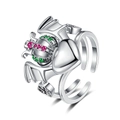 Fashionable crown heart wing open ring with colorful zircon in polished silver finish - Adjustable Open / Antique Silver