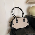 Bolso de hombro minimalista de lona beige y patchwork de cuero negro para mujer - Caqui con Negro (Sin Colgante)