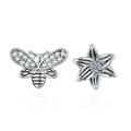 Asymmetric silver earrings featuring a sparkling bee and flower with zircon inlay - Vintage Color (5691895041610) / Silver