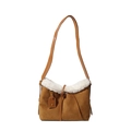 Borsa a spalla in pelle scamosciata marrone con bordo in ecopelliccia bianca soft - Marrone