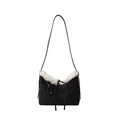 Borsa a spalla retrò in tela nera con bordo in ecopelliccia bianca e targhetta in pelle - Nero