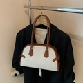 Bolso de hombro chic bicolor en lona y cuero marrón para uso diario elegante - Caqui con Marrón (Sin Colgante)