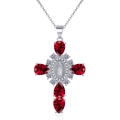 Cross necklace with five pear-shaped red zircons and Virgin Mary relief detail - Silver-Red Zirconia