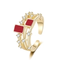 Three-layer open ring in gold finish with red enamel accents and zircon stones - Adjustable Open / Gold Plated Red