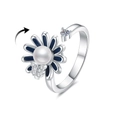 Anello girevole a girasole con smalto blu, perla bianca e farfalla in argento lucido - Aperto Regolabile / Oro Bianco