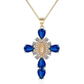 Religious gold cross necklace with blue teardrop stones and Virgin Mary medallion - Gold Tone - Blue Zircon