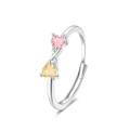 Polierter Silberring mit zwei herzförmigen Zirkonia-Steinen in Rosa und Gelb - Einstellbar Offen / Weißgold