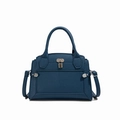 Minimalist navy blue pebble leather handbag with silver hardware and shoulder strap - Dark Blue