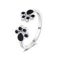 Anillo abierto minimalista de gato en plata con huellas de esmalte negro pulido - Abierto Ajustable / Oro Blanco
