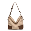 Grande borsa hobo in pelle scamosciata beige con patchwork in pelle marrone e cuciture - Cachi