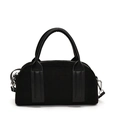 Bolso Boston clásico de ante negro con asas de cuero liso y detalles metálicos plateados - Negro mate