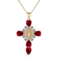 Gold cross necklace featuring five red pear-cut gems and a Virgin Mary center relief - Gold Tone - Red Zircon