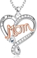 Detail of heart pendant with I Love You Mom engraving and sparkling crystal accents - Rose Gold Mom Two-tone Style / Two Colors