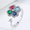 Adjustable four-leaf clover ring with multicolor heart stones and zircon accents - Adjustable Open / White Gold
