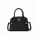 Minimalist black lychee texture leather handbag with silver lock and shoulder strap - Black