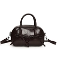 Dark brown shiny leather bowling bag with bow details and detachable shoulder strap - Brown