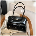 Retro black leather shoulder bag with multi-pocket design and silver metallic buckles - No Pendant / Black