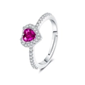 Detail of a pink heart-shaped crystal ring with white zircon pave and adjustable band - Adjustable Open / Rose Red Zirconia