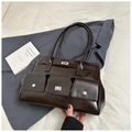 Bolso vintage de cuero PU marrón oscuro brillante con múltiples bolsillos y cierre de giro - Café sin Colgante