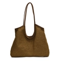Detail of plush brown shearling tote bag with premium leather straps and soft texture - Olive Green