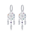 Sparkling S925 silver dreamcatcher earrings with colorful zircon stones and feather tassels - White Gold