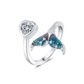 Adjustable silver fishtail ring with heart crystal and blue purple enamel finish - Adjustable Open / White Gold