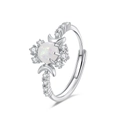 S925 silver crescent moon ring featuring a round white opal stone and sparkly cubic zirconia - Adjustable Open / White Gold