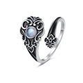 Vintage Silberring mit offenem Design, Mondstein-Inlay und schwarzen Emaille-Mustern im Boho-Stil - Einstellbar Offen / Weißgold
